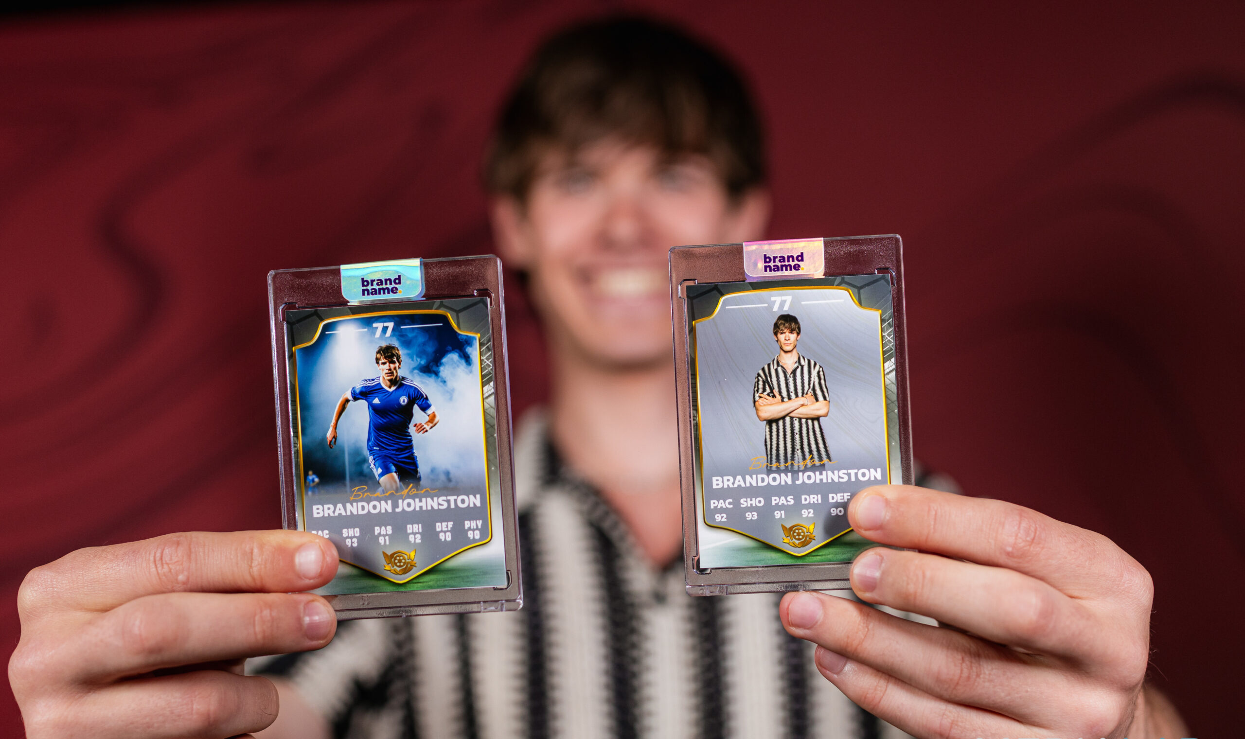 Guest holding two personalised trading card style photo prints
