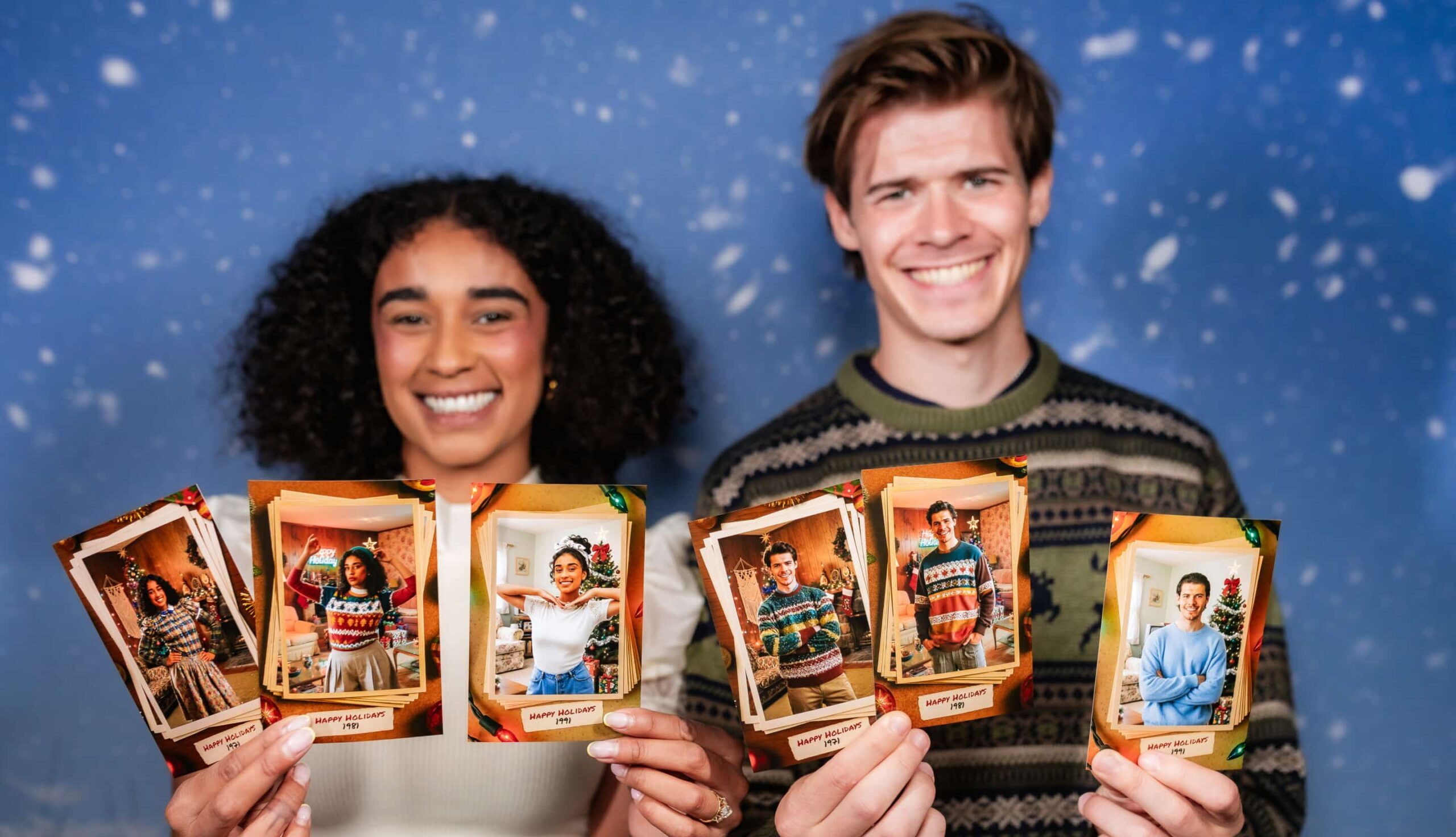 Two guests holding printed festive photo booth cards