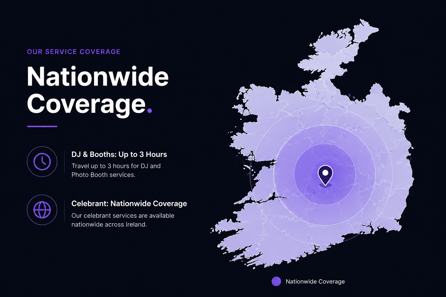 Map graphic showing nationwide coverage across Ireland for DJ, photo booth and celebrant services